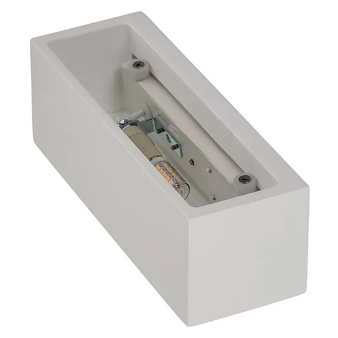 Lindby Wandleuchte Tjada - weiß / opal, G9 - Weiße, rechteckige Wandleuchte, offen, um die interne LED-Birne und Montageteile zu zeigen.