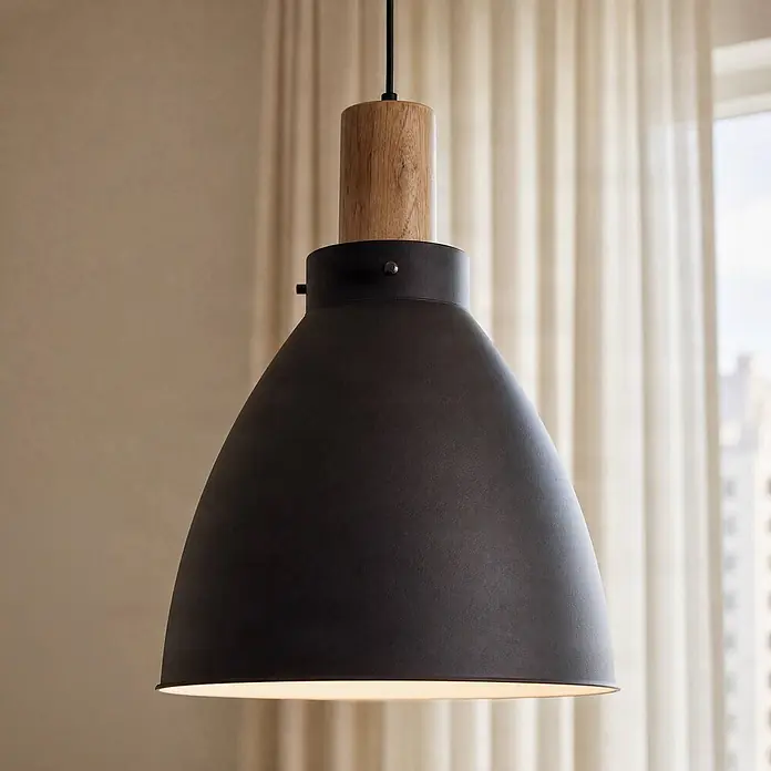 Lindby Pendelleuchte Trebale - schwarz, Schwarz, holz hell, E27
