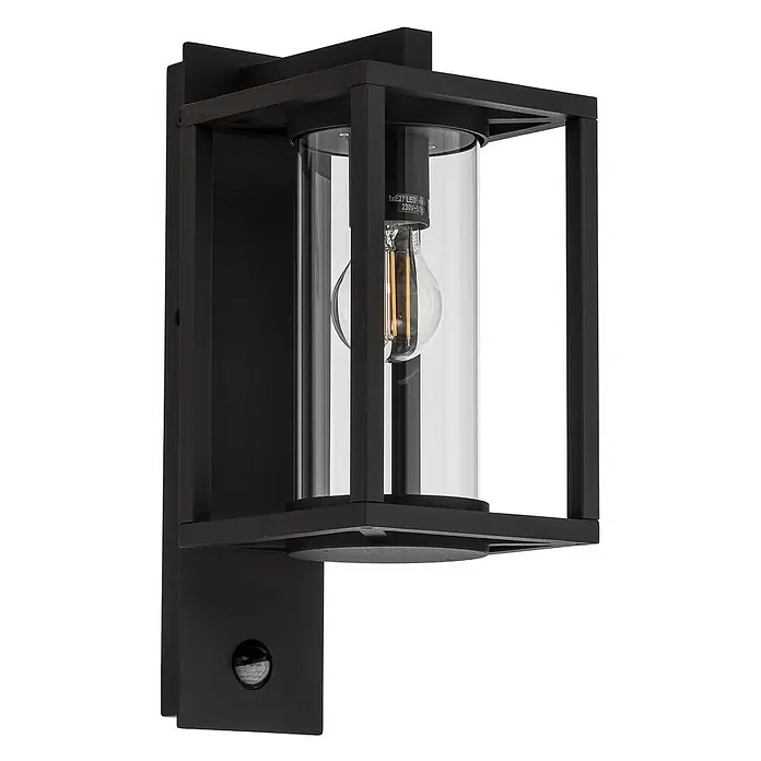 Lucande Wandlampe aussen mit Bewegungsmelder, 1xE27 max. 60W, Außenleuchte -  - Moderne schwarze Außenwandleuchte mit klarem Glaszylinder, sichtbarer LED-Birne und Bewegungssensor.