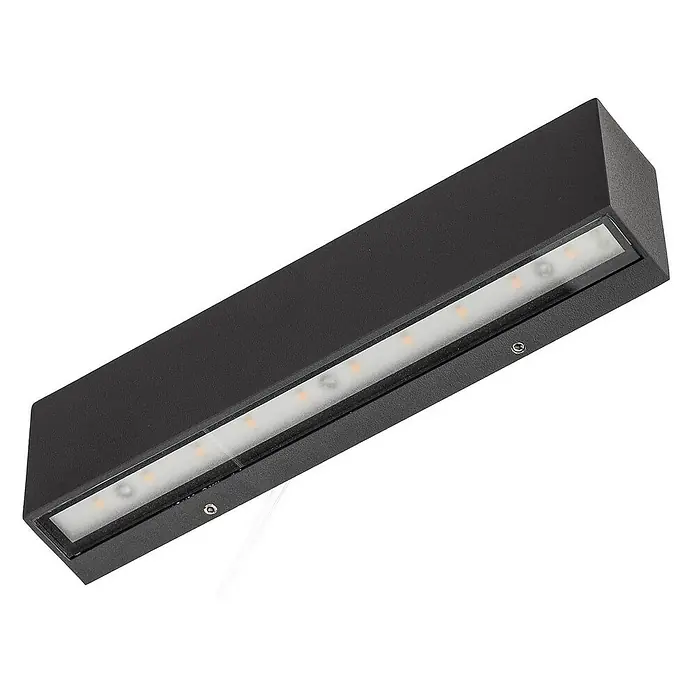 Lucande Außenwandleuchte Elvira - schwarz, schwarz, IP65 - Schwarze rechteckige LED-Außenwandleuchte mit mattierter Abdeckung, die warmweiße LEDs zeigt.