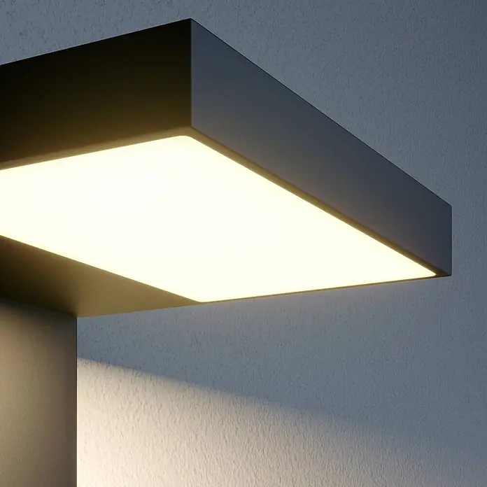 Lucande Außenwandleuchte Silvan - schwarz, IP54 - Rechteckige dunkelgraue Wandleuchte mit hellem, warmweißem LED-Panel.