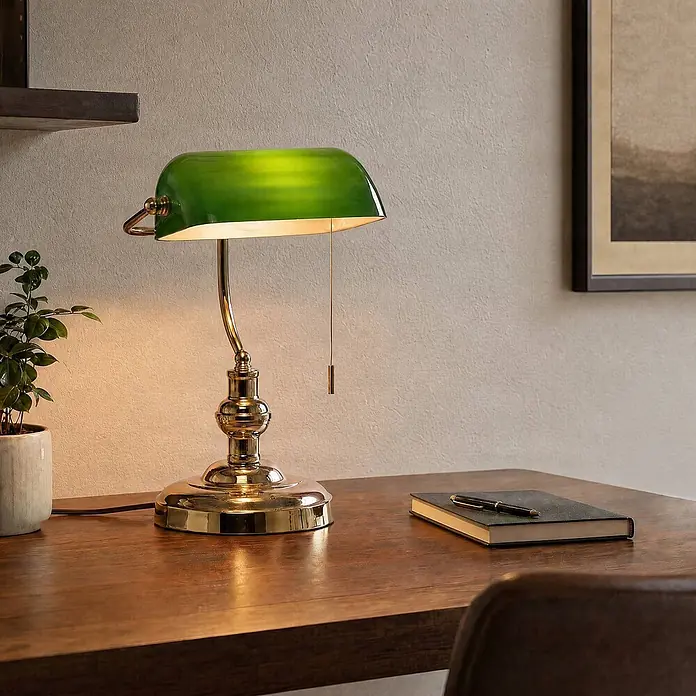 Lindby Tischleuchte Milenka - messing / gold, grün, E27 - Klassische Bankerlampe mit grünem Glasschirm und Messingfuß beleuchtet einen Holzschreibtisch.