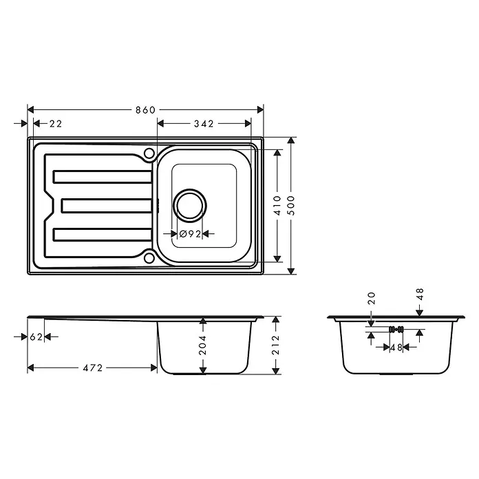 Hansgrohe Einbauspüle S440 - 86 x 50 cm, Edelstahl - Technische Zeichnung einer rechteckigen Küchenspüle mit Abtropffläche und Einzelbecken, detaillierte Maße.