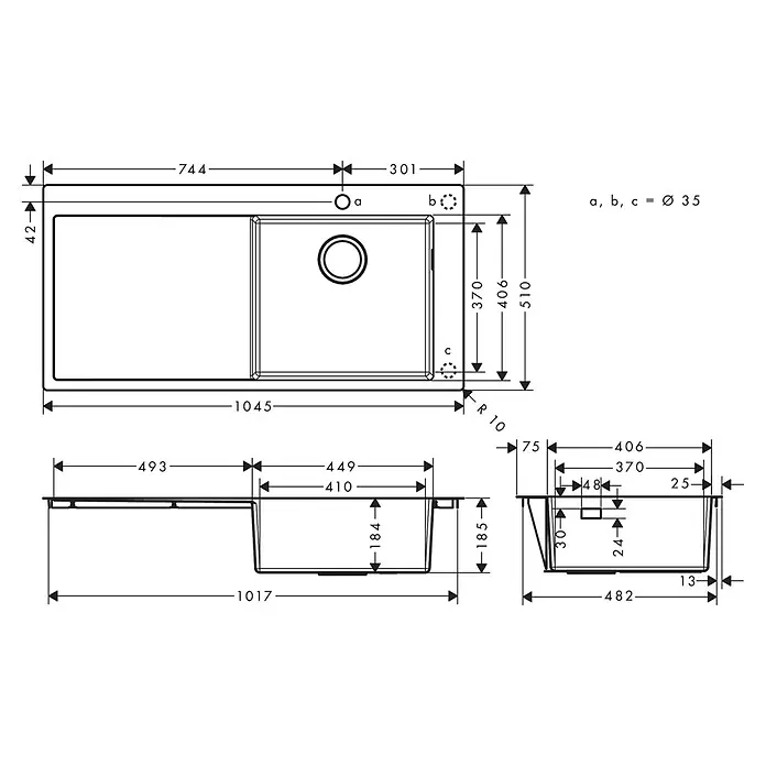 Hansgrohe Einbauspüle S715 - 104,5 x 51 cm, Edelstahl - Technische Zeichnung einer Doppelspüle mit Abmessungen, zwei unterschiedlich großen Becken und Hahnlochoptionen.