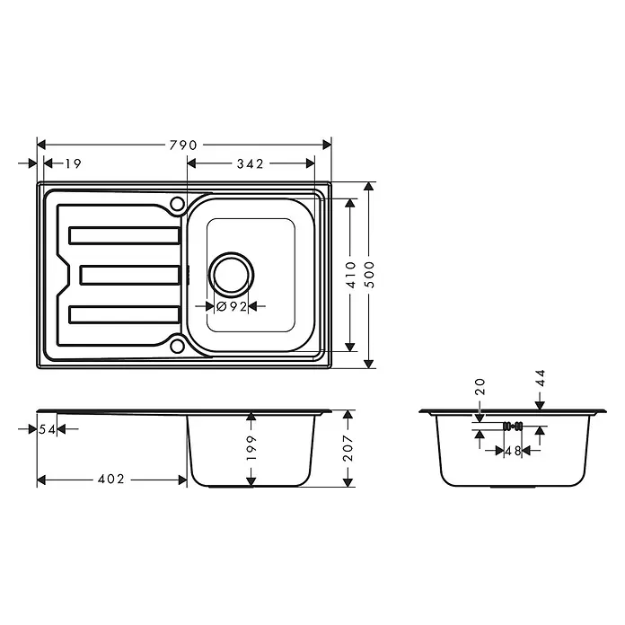 Hansgrohe Einbauspüle S440 - 79 x 50 cm, Edelstahl - Technische Zeichnung einer rechteckigen Küchenspüle mit Abtropffläche und Hauptbecken, inklusive Maßen.