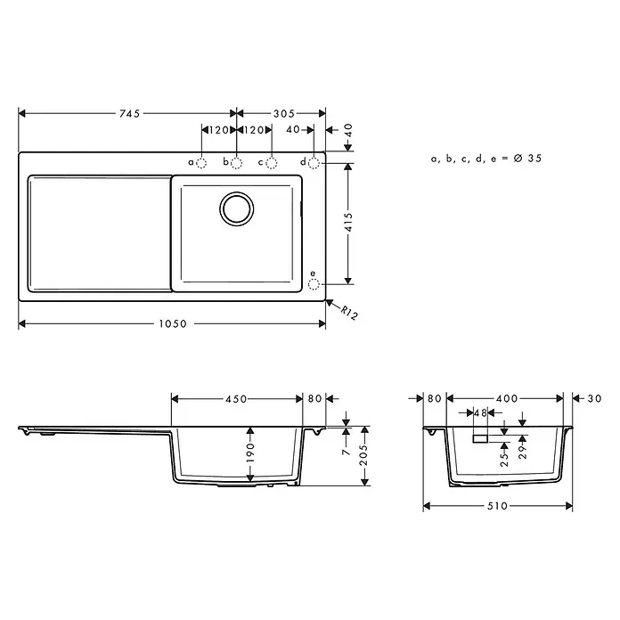 Hansgrohe Einbauspüle S51 - 105 x 51 cm, Graphiteschwarz, Position Ablage: Links - Technische Zeichnung einer Doppelspüle mit Abtropffläche, inklusive Maßen.