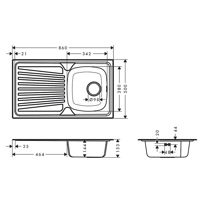 Hansgrohe Einbauspüle S210 - 86 x 50 cm, Edelstahl - Technische Zeichnung einer rechteckigen Küchenspüle mit Abtropffläche und Einzelbecken, mit Maßen.