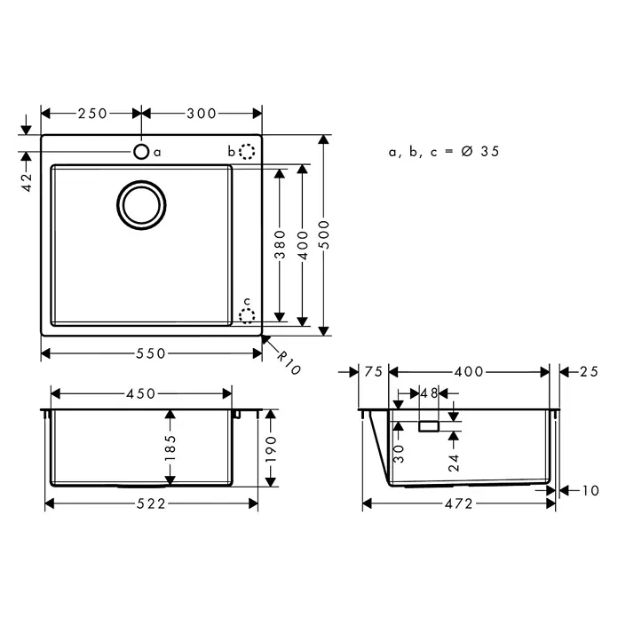 Hansgrohe Einbauspüle S711 - 50,5 x 50 cm, Edelstahl - Technische Zeichnung einer Küchenspüle mit Draufsicht, Vorder- und Seitenansicht, inklusive aller Maße und Bohrungsdurchmesser.