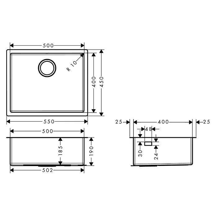 Hansgrohe Einbauspüle S719 - 50 x 45 cm, Edelstahl - Technische Zeichnung einer rechteckigen Einzelbecken-Küchenspüle mit Maßen aus Draufsicht, Vorderansicht und Seitenansicht.