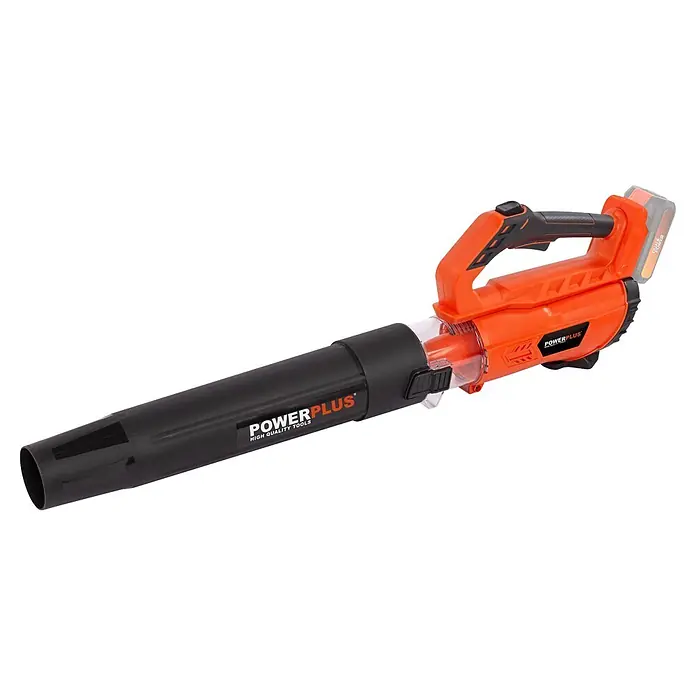 PowerPlus Soplador de batería POWDPGLBS1 - 20 V, 1 batería, 2 Ah, Velocidad de soplado: 145 km/h - Soplador de hojas inalámbrico naranja y negro con boquilla larga.