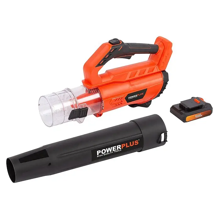 PowerPlus Soplador de batería POWDPGLBS1 - 20 V, 1 batería, 2 Ah, Velocidad de soplado: 145 km/h - Soplador de hojas inalámbrico naranja y negro con boquilla desmontable y batería.
