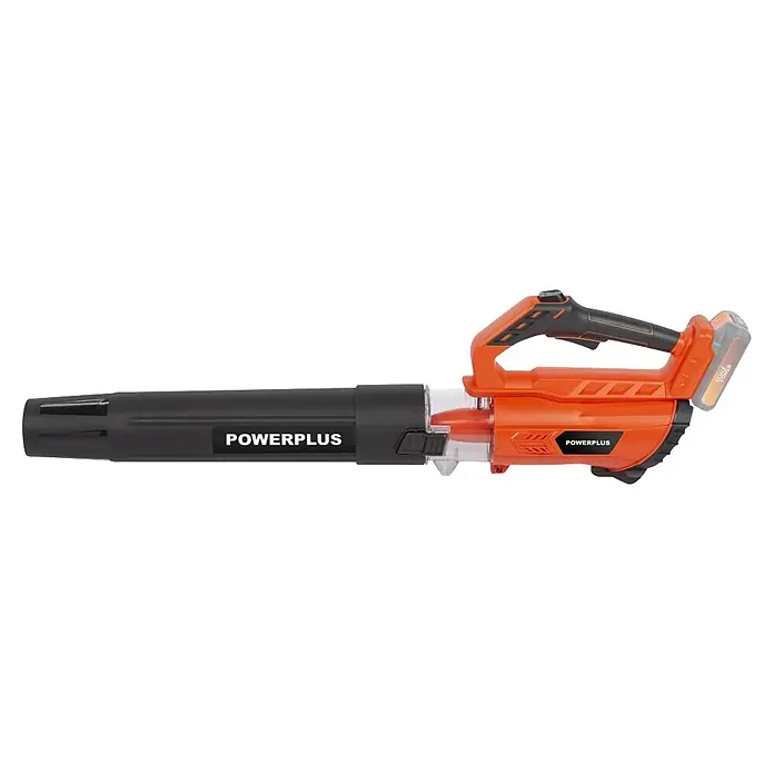 PowerPlus Soplador de batería POWDPGLBS1 - 20 V, 1 batería, 2 Ah, Velocidad de soplado: 145 km/h - Soplador de hojas inalámbrico naranja y negro con batería.