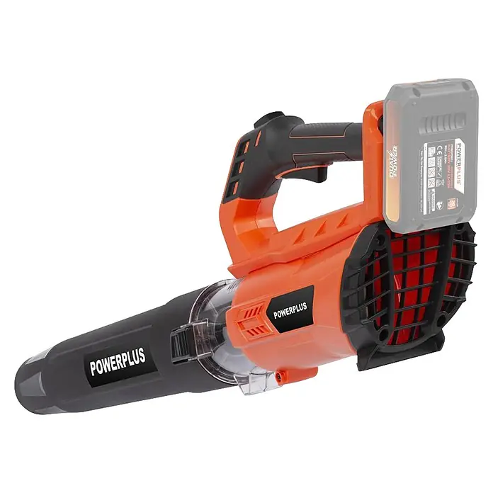 PowerPlus Soplador de batería POWDPGLBS1 - 20 V, 1 batería, 2 Ah, Velocidad de soplado: 145 km/h - Soplador de hojas a batería naranja y negro con batería visible.
