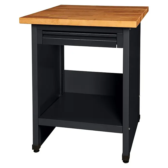 Küpper Profi Modul System Werkbank - L x B: 70 x 73 cm, Arbeitshöhe: 89 cm, Schwarz - Stabiler dunkelgrauer Metall-Arbeitstisch mit hellbrauner Holzplatte, einer Schublade und offenem Regal.
