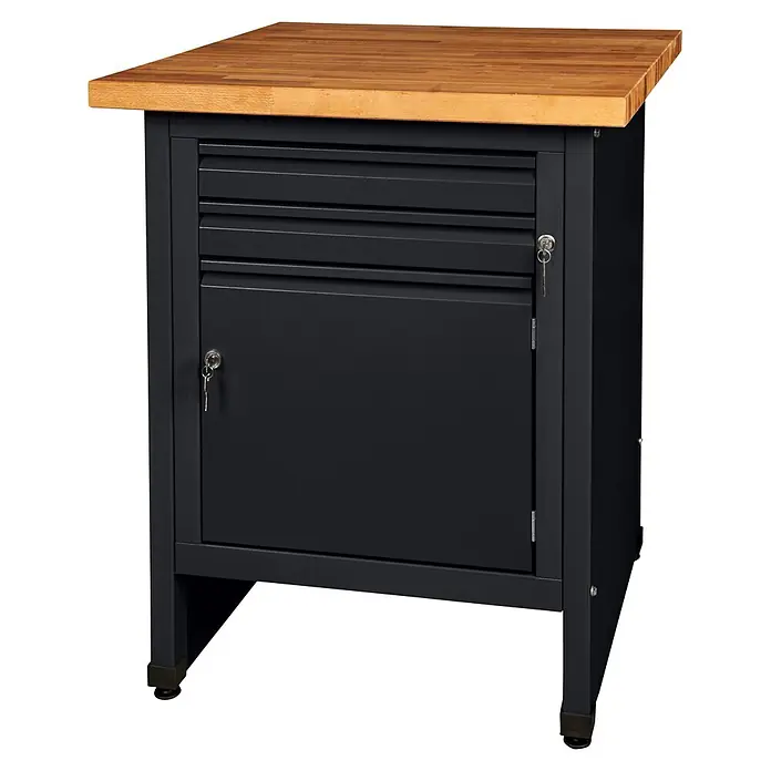 Küpper Profi Modul System Werkbank - L x B: 70 x 73 cm, Arbeitshöhe: 89 cm, Schwarz - Dunkelgraue Metallwerkbank mit Holzplatte, mit Lamellenpaneel und abschließbarer Schranktür mit Schlüsseln.