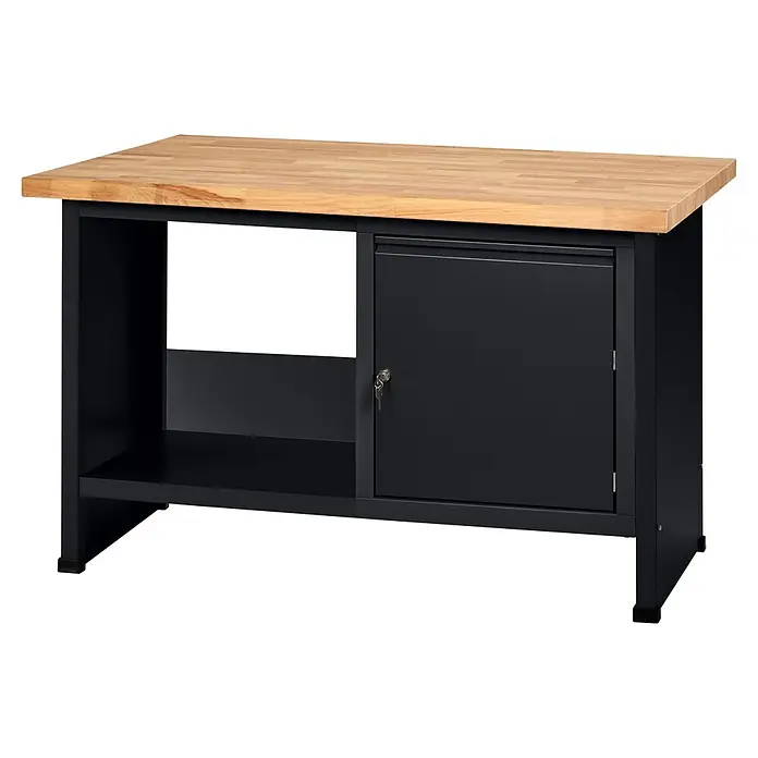Küpper Profi Modul System Werkbank - B x L: 128 x 70 cm, Arbeitshöhe: 89 cm, Schwarz - Schwarze Metall-Werkbank mit heller Holzplatte, offenem Regal und abschließbarem Schrank mit Schlüssel.