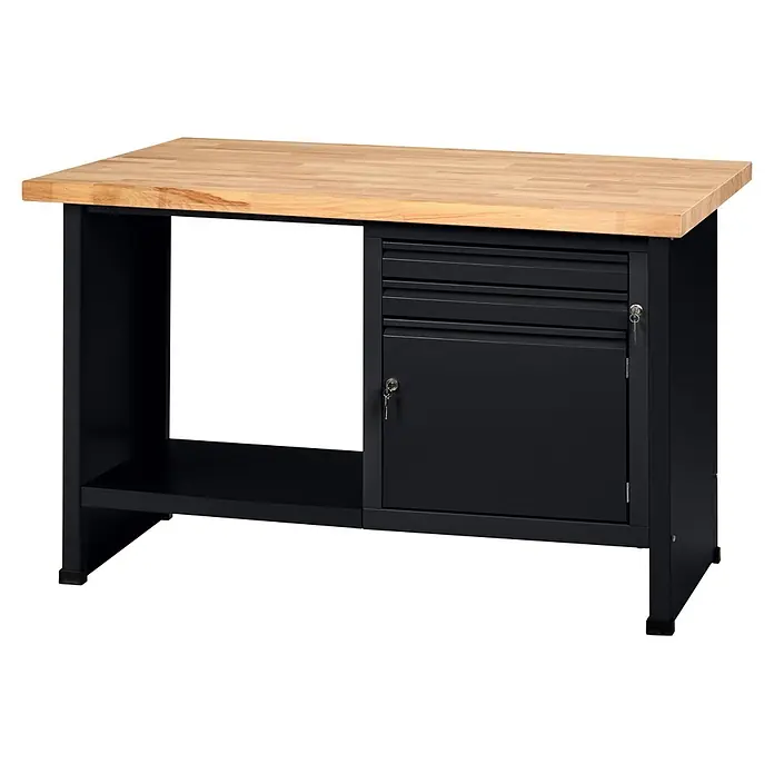 Küpper Profi Modul System Werkbank - B x L: 128 x 70 cm, Arbeitshöhe: 89 cm, Schwarz - Werkbank mit Holzplatte und schwarzem Metallrahmen. Verfügt über offenes Regal und einen Schrank mit Schubladen und verschließbarer Tür.