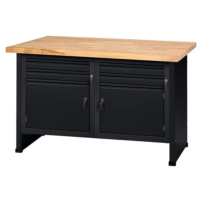 Küpper Profi Modul System Werkbank - B x L: 128 x 70 cm, Arbeitshöhe: 89 cm, Schwarz - Dunkelgraue Metall-Werkbank mit heller Holzplatte und zwei abschließbaren Staufächern mit Schubladen, ideal für die Werkstatt.