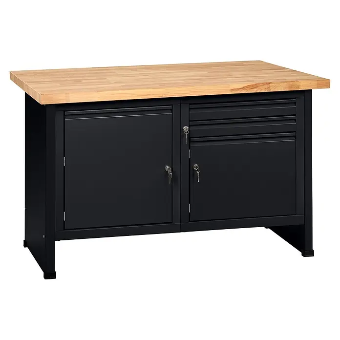 Küpper Profi Modul System Werkbank - B x L: 128 x 70 cm, Arbeitshöhe: 89 cm, Schwarz - Schwarze Metallwerkbank mit heller Holzplatte, drei Schranktüren, zwei Schubladen und Schlüsseln in den Schlössern.