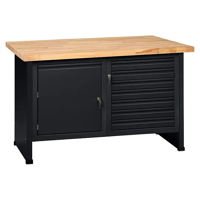 Küpper Profi Modul System Werkbank - B x L: 128 x 70 cm, Arbeitshöhe: 89 cm, Schwarz - Schwarze Metall-Werkbank mit heller Holzplatte, abschließbarem Schrank und mehreren Schubladen.