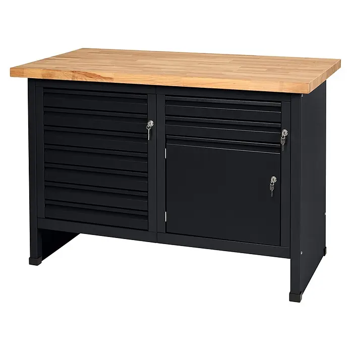 Küpper Profi Modul System Werkbank - B x L: 128 x 70 cm, Arbeitshöhe: 89 cm, Schwarz - Dunkelgraue Metallwerkbank mit heller Holzplatte, links mehrere Schubladen und rechts ein abschließbarer Schrank.