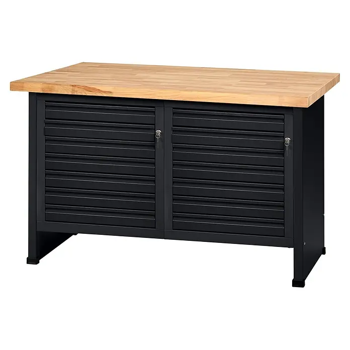Küpper Profi Modul System Werkbank - B x L: 128 x 70 cm, Arbeitshöhe: 89 cm, Schwarz - Schwarzer Metall-Werkstattschrank mit zwei Lamellentüren und heller Holzplatte. Schlüssel enthalten.