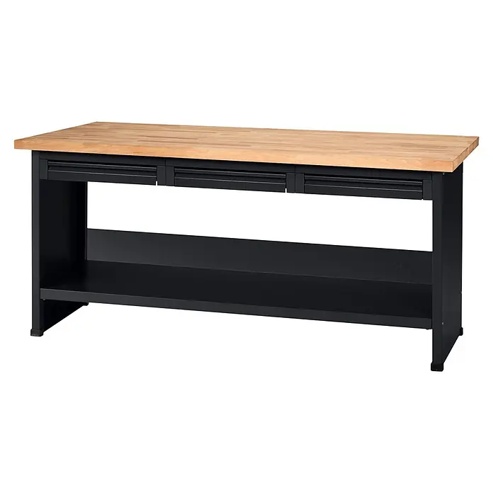 Küpper Profi Modul System Werkbank - B x L: 184 x 70 cm, Arbeitshöhe: 89 cm, Schwarz - Schwarze Werkbank mit heller Holzplatte, drei Schubladen und einer unteren Ablage.