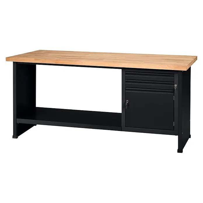 Küpper Profi Modul System Werkbank - B x L: 184 x 70 cm, Arbeitshöhe: 89 cm, Schwarz - Schwarze Metallwerkbank mit heller Holzplatte, integrierten Schubladen und einem Schrank.