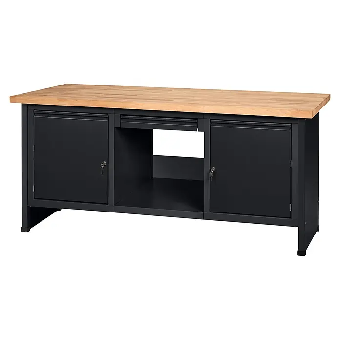 Küpper Profi Modul System Werkbank - B x L: 184 x 70 cm, Arbeitshöhe: 89 cm, Schwarz - Dunkelgraue Metallwerkbank mit heller Holzplatte und zwei abschließbaren Schränken, mit offenem Mittelfach.