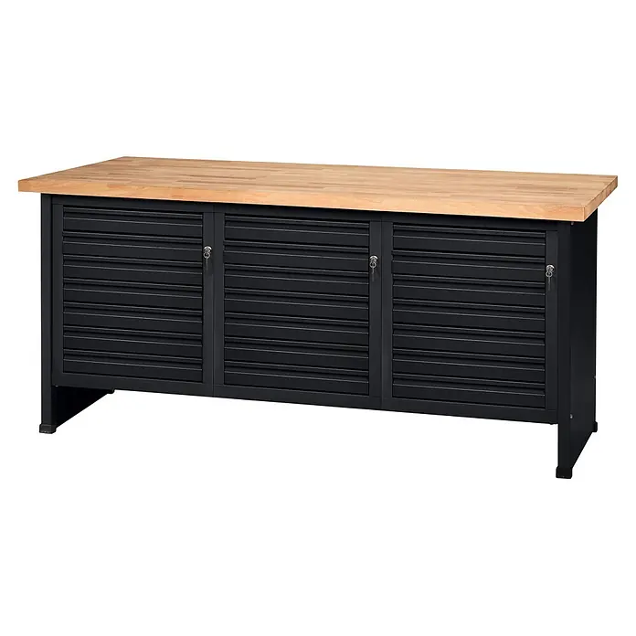 Küpper Profi Modul System Werkbank - B x L: 184 x 70 cm, Arbeitshöhe: 89 cm, Schwarz - Schwarze Metallwerkbank mit Naturholzplatte und drei abschließbaren Lamellentüren zur Aufbewahrung.