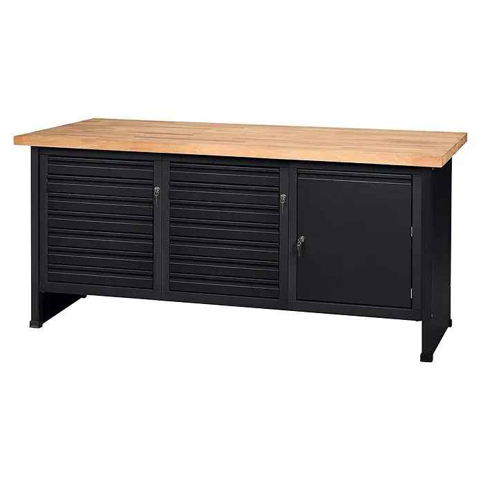 Küpper Profi Modul System Werkbank - B x L: 184 x 70 cm, Arbeitshöhe: 89 cm, Schwarz - Schwarze Metall-Werkbank mit Naturholzplatte, mehreren Schubladen und einem Seitenfach mit Schlüsseln.