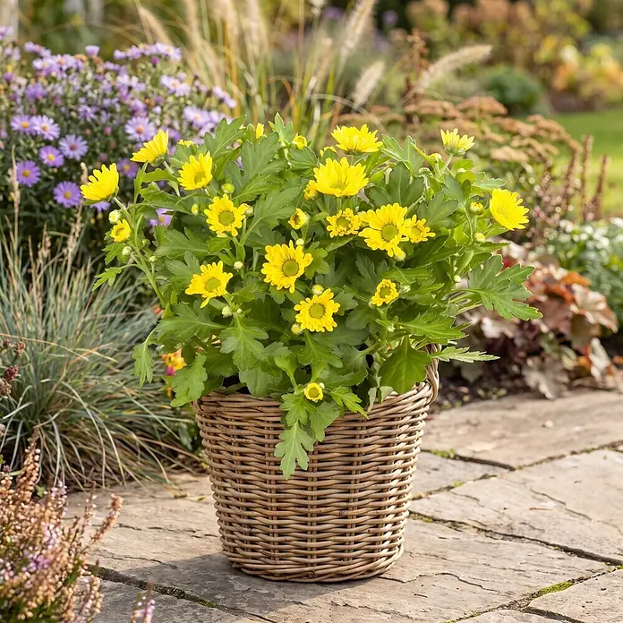 Piardino Herbst-Chrysantheme - Dendranthema Hybride 'Garden Mums', Topfgröße: 13 cm, Verschiedene Farben - Lebendige gelbe Chrysanthemen in einem runden, geflochtenen Rattan-Korb auf einer Steinterrasse im Garten.