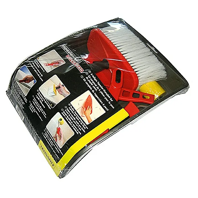 Lehnartz Tapezier-Set - 6 -tlg. - Eine verpackte Tapeziergarnitur mit Werkzeugen wie Bürste, Rollen und Schaber, ideal für das Anbringen von Tapeten.