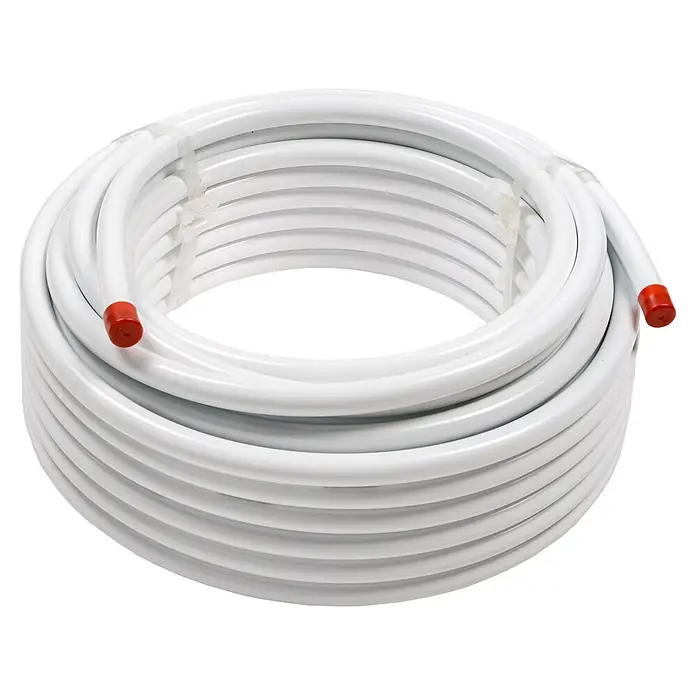 Tubo multicapa en rollo - Diámetro: 20 mm, Largo: 25 m, Blanco - Rollo de tubo PEX blanco para fontanería o calefacción, con tapones protectores rojos en los extremos.