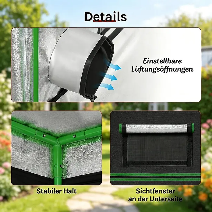 SONNENH Gewächshaus - 60 x 120 cm, Material Seitenwand: Kunststoff, Schwarz - Details eines reflektierenden Growzelts: verstellbare Belüftung, stabiler grüner Rahmen und Sichtfenster unten.