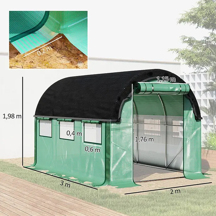 Outsunny-Folientunnel-300L x 200B x 198H cm -  - Grünes Folientunnel-Gewächshaus mit schwarzem Bogendach, 3x2m Grundfläche, 1,98m hoch, mit Rolltür (1,76m) und Seitenfenstern (0,4x0,6m).