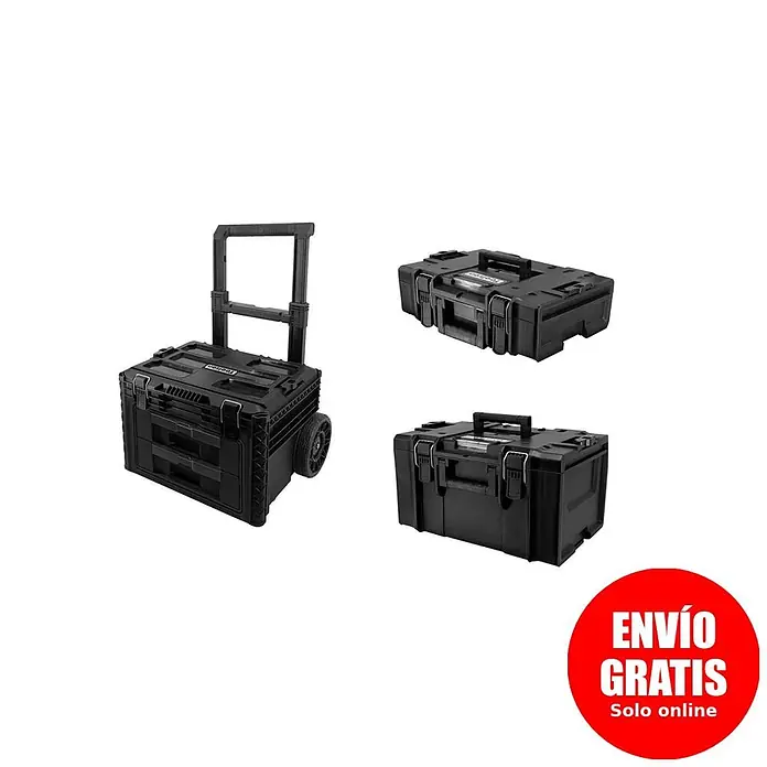 Toolson PRO-Case Juego de cajas de herramientas - Apilable, 3 pzs. - Sistema de cajas de herramientas modular negro con ruedas, asa extensible y dos cajas apilables.
