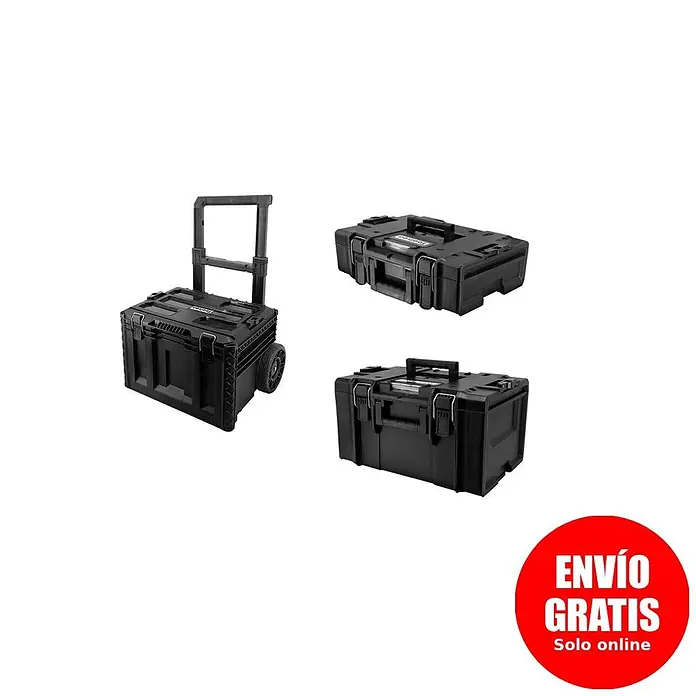 Toolson PRO-Case Juego de cajas de herramientas - 3 pzs., Apilable - Sistema de cajas de herramientas modulares negras con base rodante y dos cajas apilables.