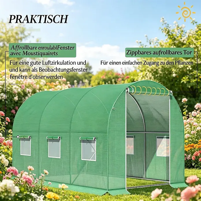SONNENH Gewächshaus - 298 x 196 cm, Material Seitenwand: Kunststoff, Grün - Grünes Gewächshaus mit aufrollbaren Fenstern und aufrollbarem Reißverschlusstor in einem Garten.