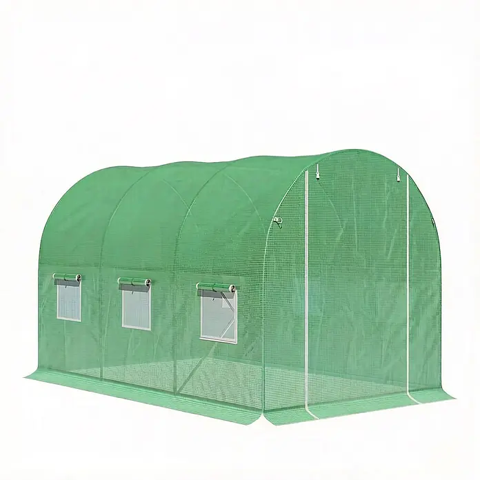 SONNENH Gewächshaus - 298 x 196 cm, Material Seitenwand: Kunststoff, Grün - Ein grünes, tunnelförmiges Gewächshaus mit Netzabdeckung, ausgestattet mit mehreren aufrollbaren Fenstern und weißem Rahmen.