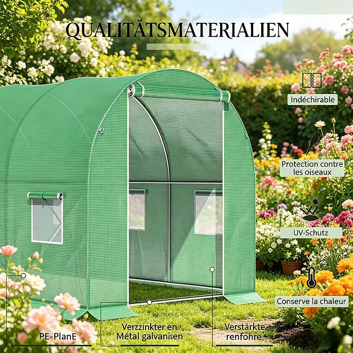 SONNENH Gewächshaus - 298 x 196 cm, Material Seitenwand: Kunststoff, Grün - Grünes Folientunnel-Gewächshaus im Garten aus PE-Folie mit verzinkten Metallrahmen für UV- und Vogelschutz.
