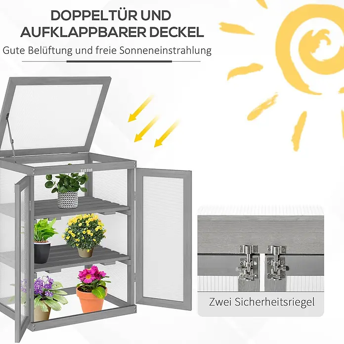 SONNENH Gewächshaus - 58 x 44 cm, Material Seitenwand: Kunststoff, Grau - Graues Holz-Mini-Gewächshaus mit transparenten Paneelen, aufklappbarem Deckel, Doppeltüren und Sicherheitsriegeln, gefüllt mit Topfpflanzen.