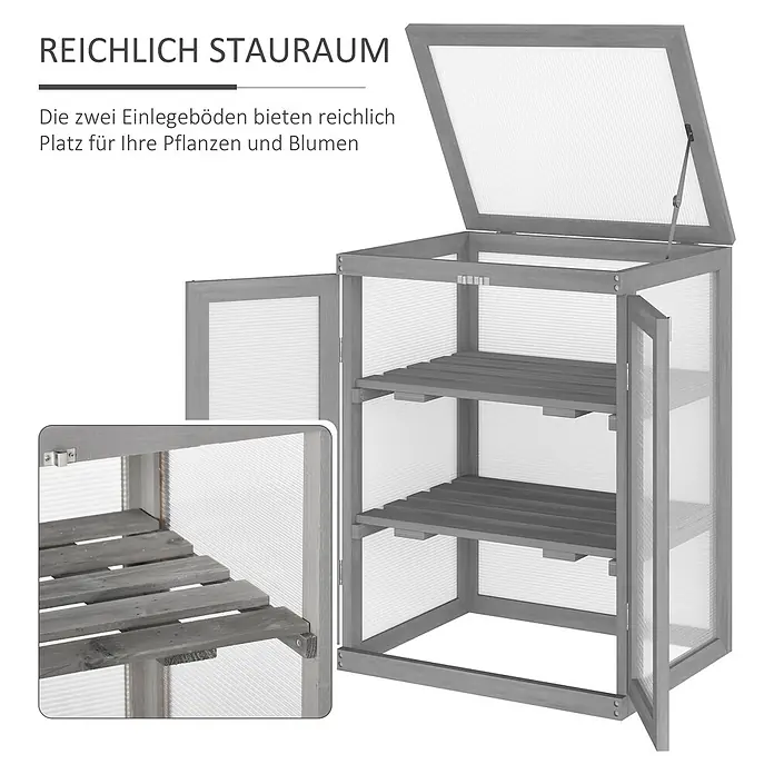 SONNENH Gewächshaus - 58 x 44 cm, Material Seitenwand: Kunststoff, Grau - Graues Holz-Minigewächshaus mit zwei Lamellenböden, aufklappbarem Deckel und Türen für Pflanzen.