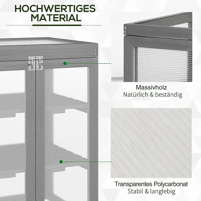 SONNENH Gewächshaus - 58 x 44 cm, Material Seitenwand: Kunststoff, Grau - Nahaufnahme eines Gewächshausabschnitts mit Massivholzrahmen und transparenten, langlebigen Polycarbonatplatten.