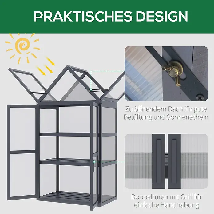 SONNENH Gewächshaus - 70,5 x 42 cm, Material Seitenwand: Kunststoff, Grau - Dunkelgraues Gewächshaus mit transparenten Paneelen, Regalen, einem aufklappbaren Dach zur Belüftung und Doppeltüren mit Griffen.