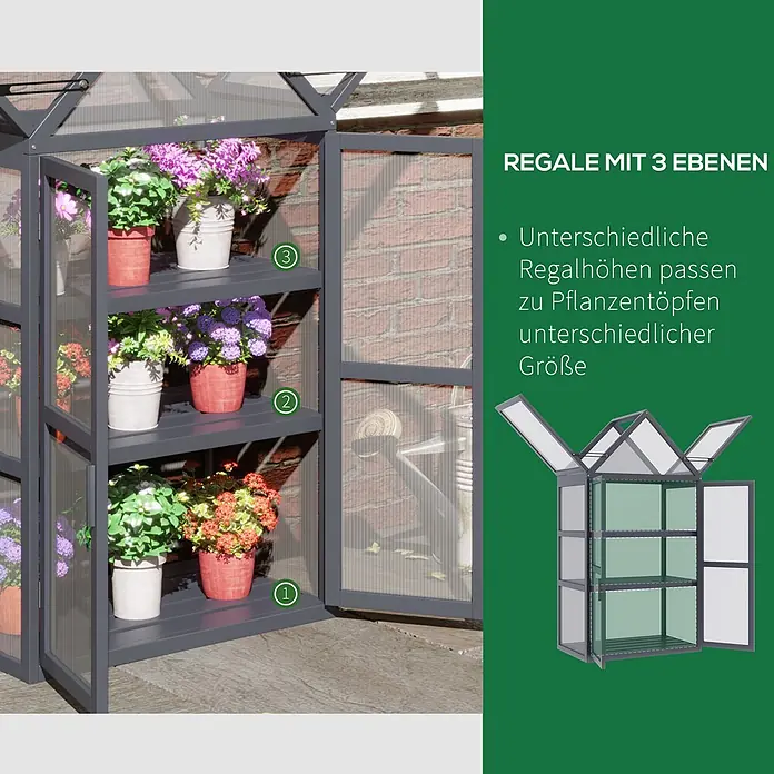 SONNENH Gewächshaus - 70,5 x 42 cm, Material Seitenwand: Kunststoff, Grau - Graues Gewächshaus mit 3 Regalböden und transparenten Paneelen, gefüllt mit verschiedenen Topfpflanzen.