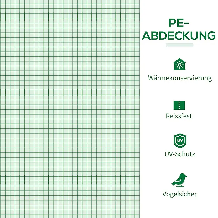 SONNENH Gewächshaus - 240 x 90 cm, Material Seitenwand: Kunststoff, Grün - Grüne PE-Abdeckung mit Gittermuster, bietet Wärmekonservierung, Reißfestigkeit, UV-Schutz und Vogelsicherheit.