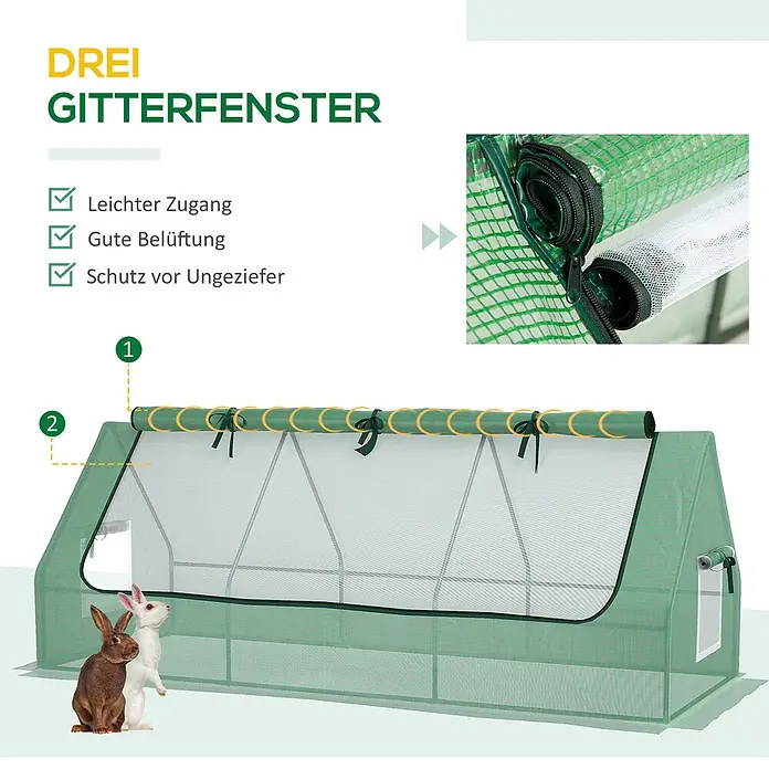 SONNENH Gewächshaus - 240 x 90 cm, Material Seitenwand: Kunststoff, Grün - Grüne Frühbeetabdeckung mit aufrollbaren Gitterfenstern für Belüftung, einfachen Zugang und Schädlingsschutz.