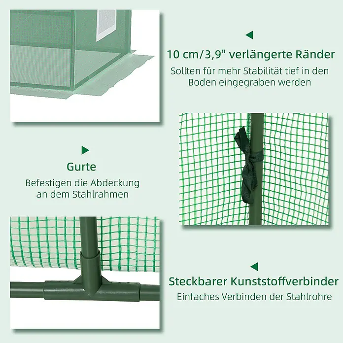 SONNENH Gewächshaus - 240 x 90 cm, Material Seitenwand: Kunststoff, Grün - Details einer grünen Gewächshausstruktur: verlängerte Ränder, Befestigungsgurte und Kunststoff-Rohrverbinder.