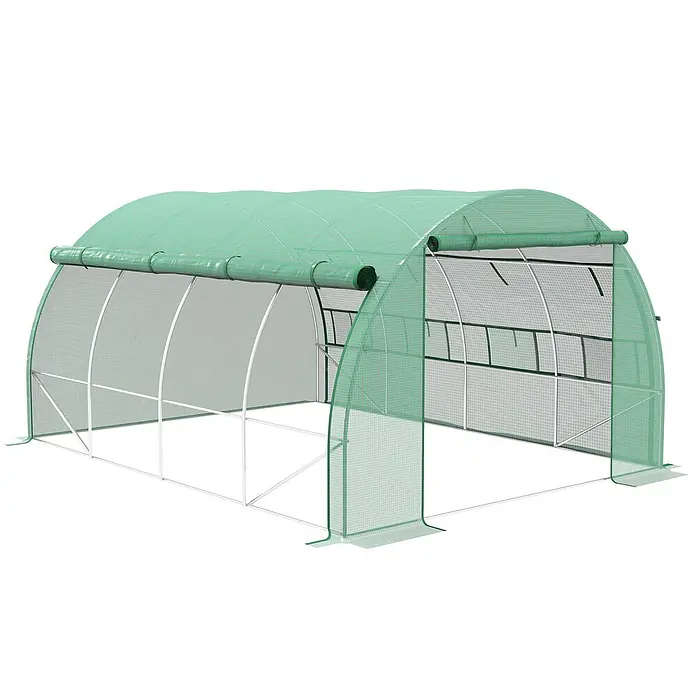 Outsunny-Foliengewächshaus-397L x 300B x 200H cm -  - Grüner, tragbarer Gewächshaustunnel mit durchscheinender Netzabdeckung und weißem Metallrahmen, mit aufrollbaren Seiten und offenem Eingang.